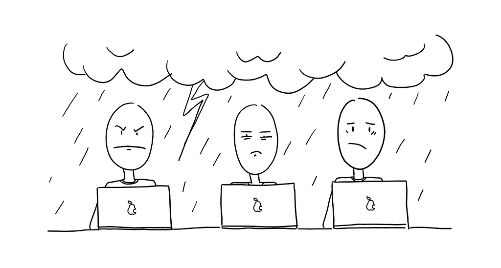 Grumpy designers working on their devices in a thunderstorm